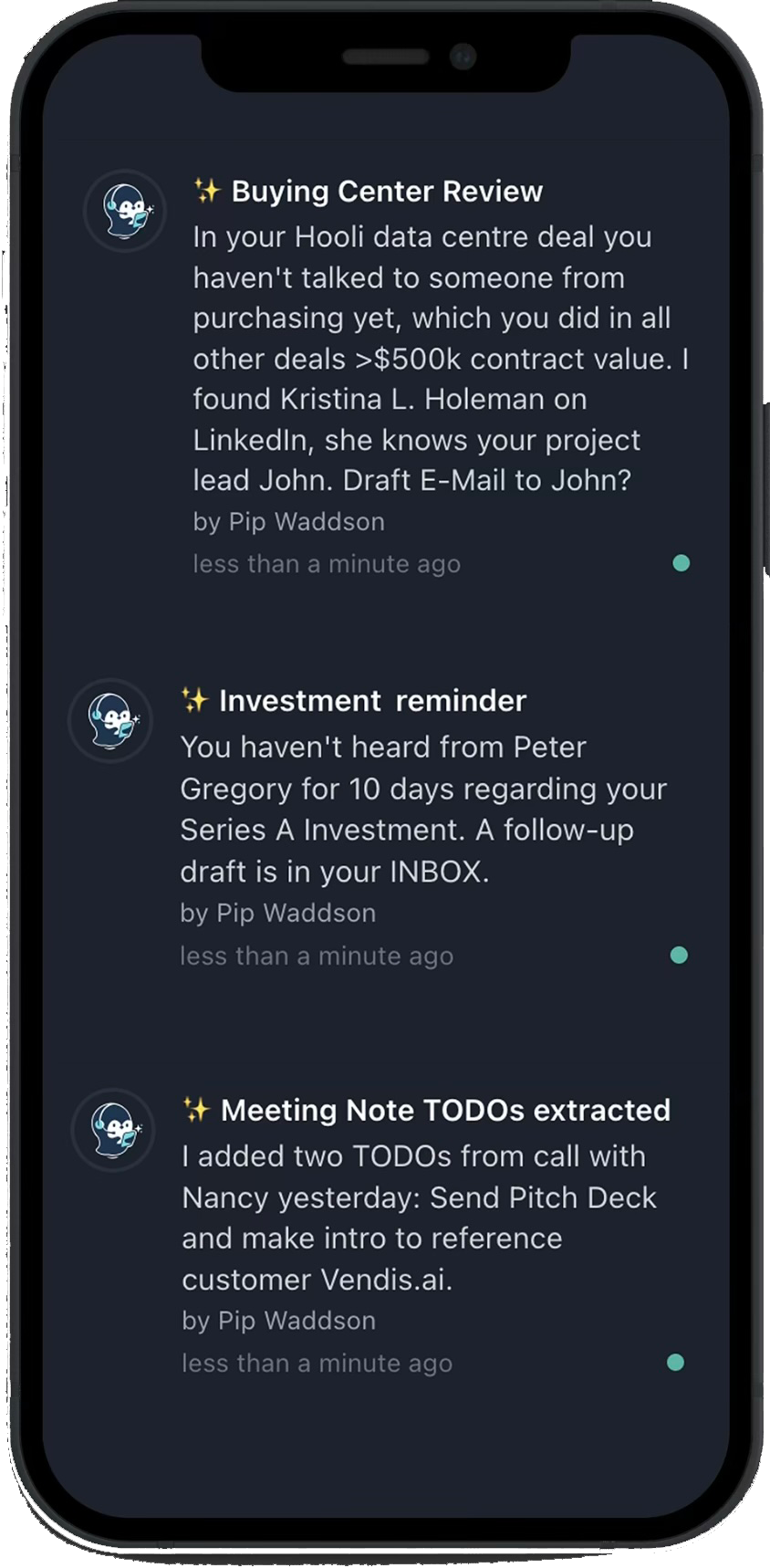 Vendis intelligent notifications showing deal updates and suggestions